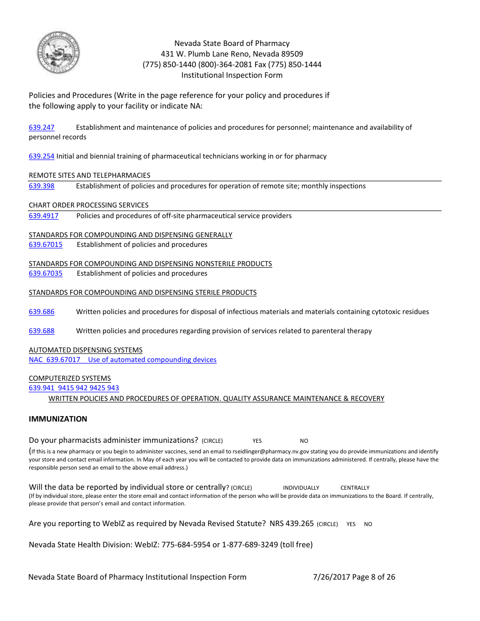 Institutional Inspection Form - Nevada, Page 8