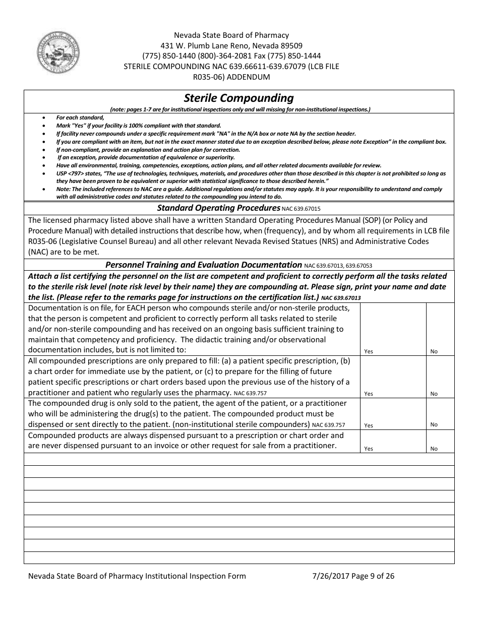 Institutional Inspection Form - Nevada, Page 9