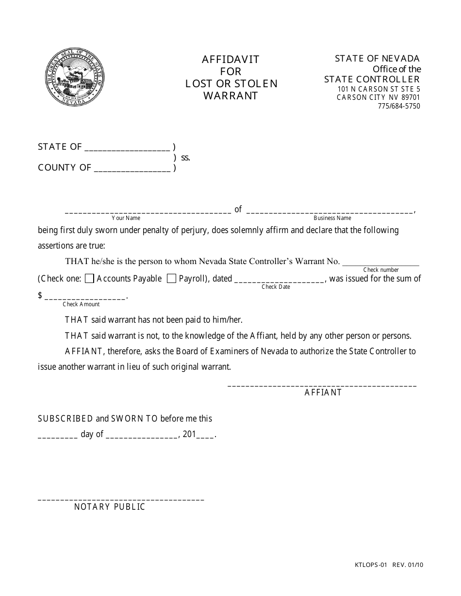 Form KTLOPS-01 Affidavit for Lost or Stolen Warrant - Nevada, Page 1