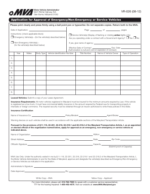 Form VR-026 Application for Approval of Emergency/Non-emergency or Service Vehicles - Maryland