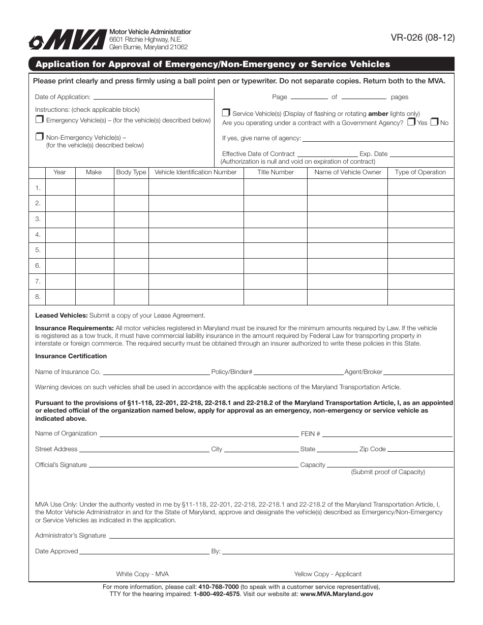 Form VR-026 Application for Approval of Emergency / Non-emergency or Service Vehicles - Maryland, Page 1