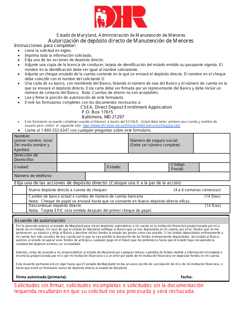 Autorizacion De Deposito Directo De Manutencion De Menores - Maryland (Spanish)