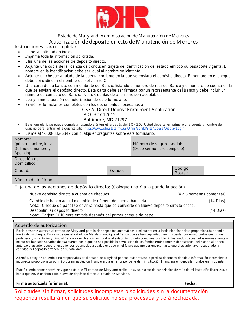 Autorizacion De Deposito Directo De Manutencion De Menores - Maryland (Spanish), Page 1