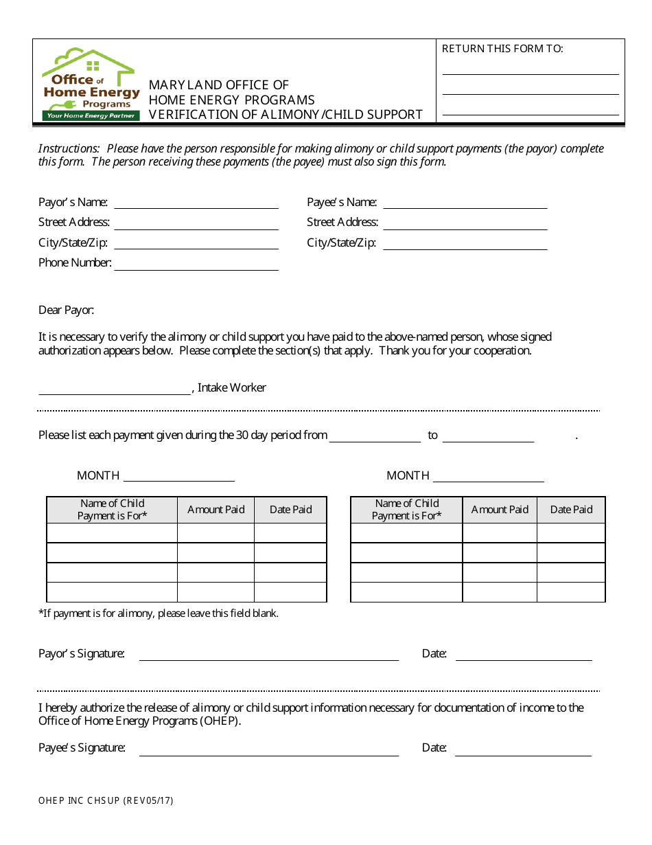 Verification of Alimony / Child Support - Office of Home Energy Programs - Maryland, Page 1