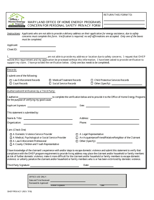 &quot;Concern for Personal Safety Privacy Form - Maryland Office of Home Energy Programs&quot; - Maryland Download Pdf