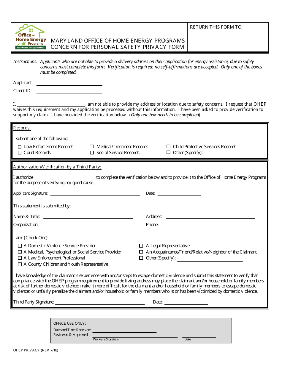 Maryland Concern For Personal Safety Privacy Form Maryland Office Of Home Energy Programs 7074