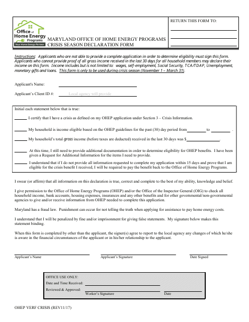 Crisis Season Declaration Form - Office of Home Energy Programs - Maryland