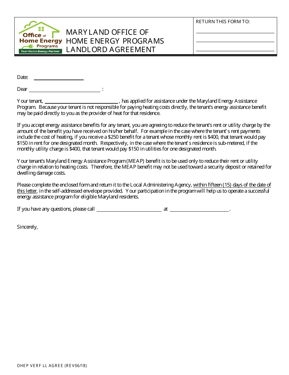 Landlord Agreement Form - Office of Home Energy Programs - Maryland, Page 1