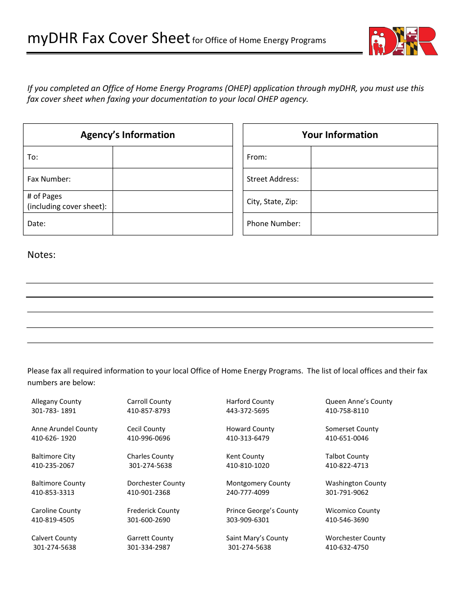 Mydhr Fax Cover Sheet for Office of Home Energy Programs - Maryland, Page 1