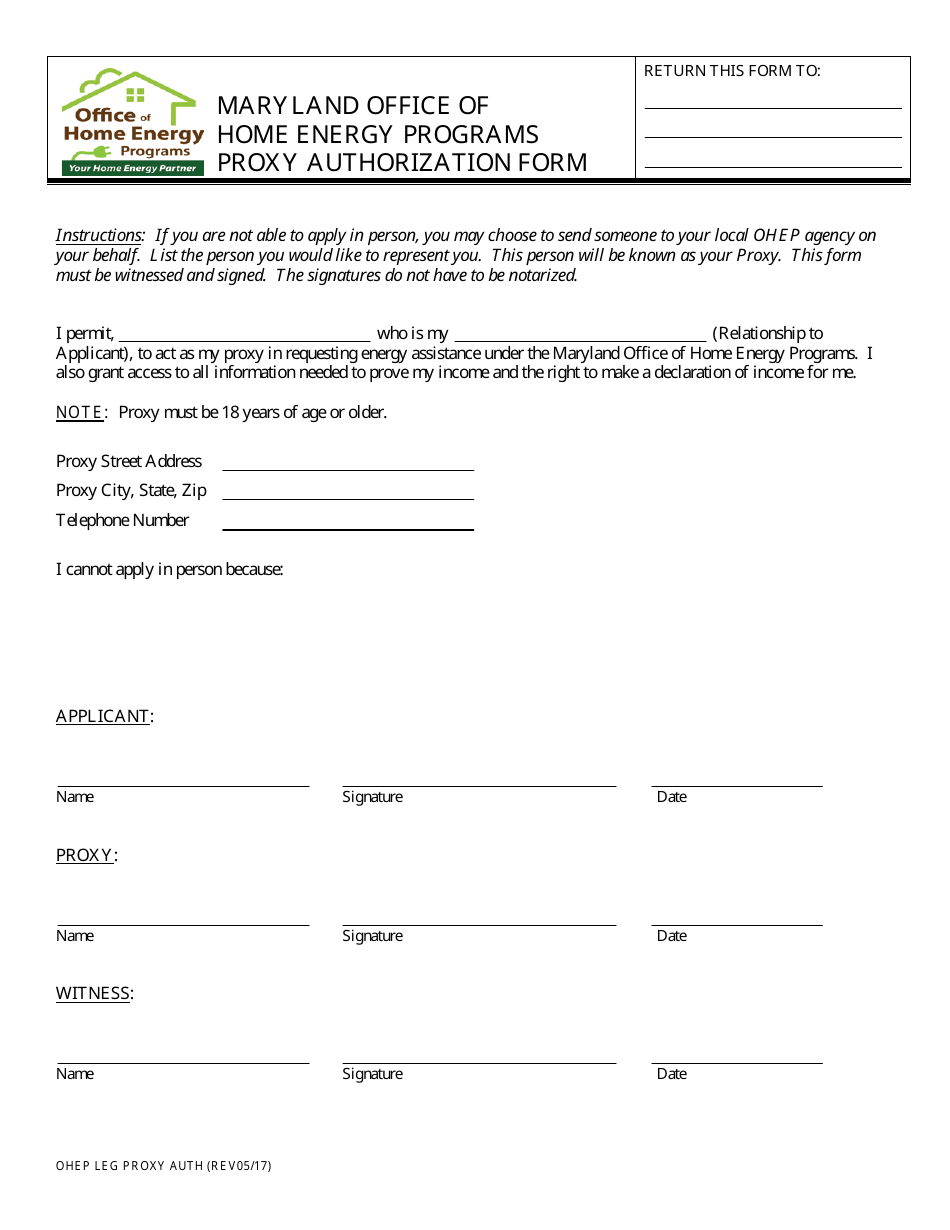 Proxy Authorization Form - Office of Home Energy Programs - Maryland, Page 1