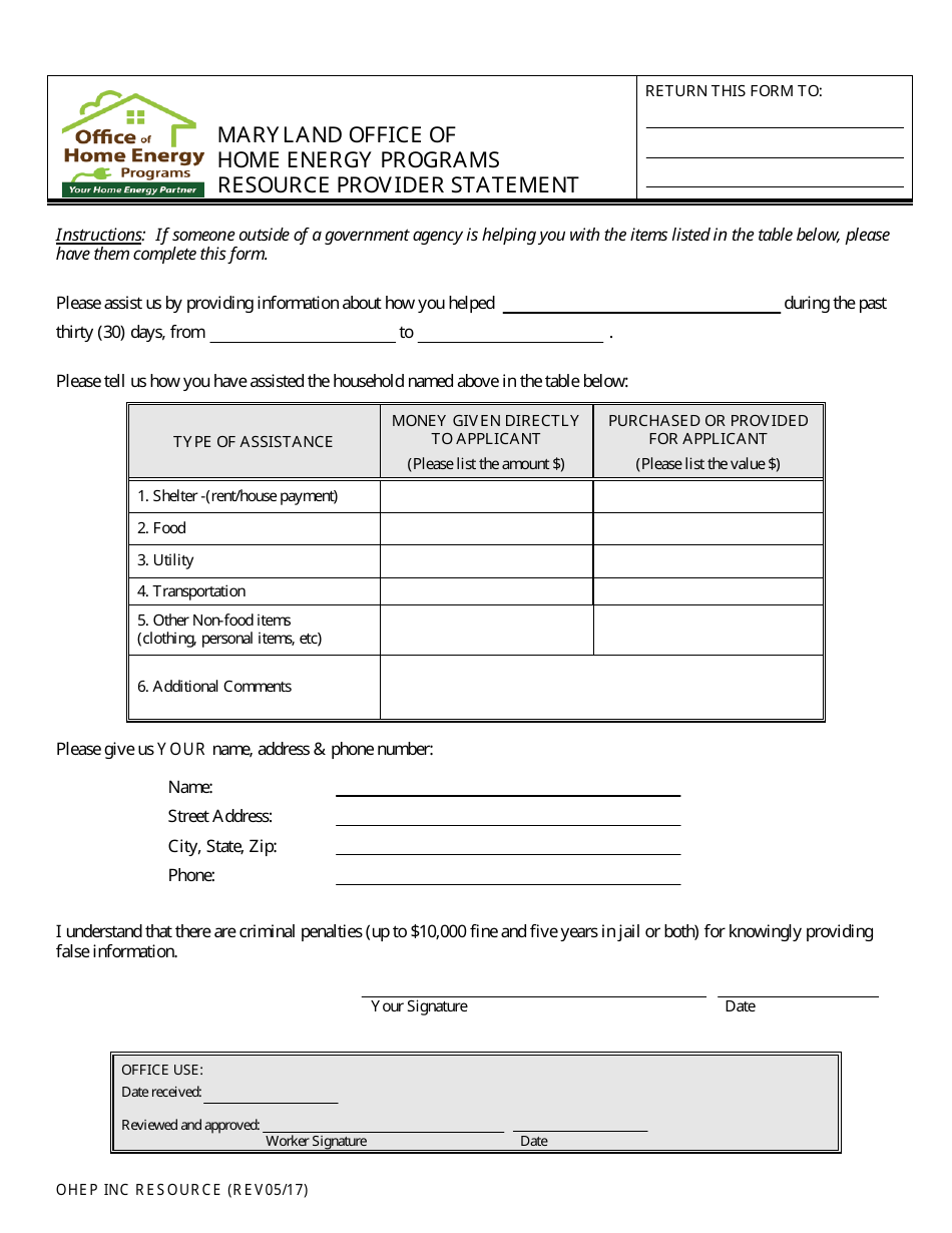 Resource Provider Statement Form - Office of Home Energy Programs - Maryland, Page 1