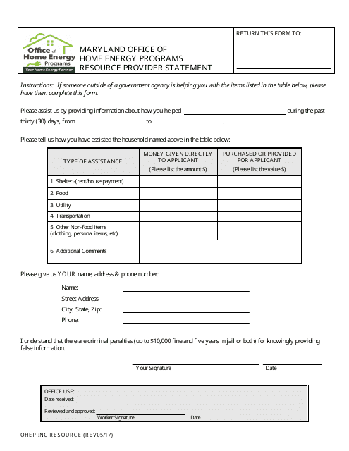 Resource Provider Statement Form - Office of Home Energy Programs - Maryland