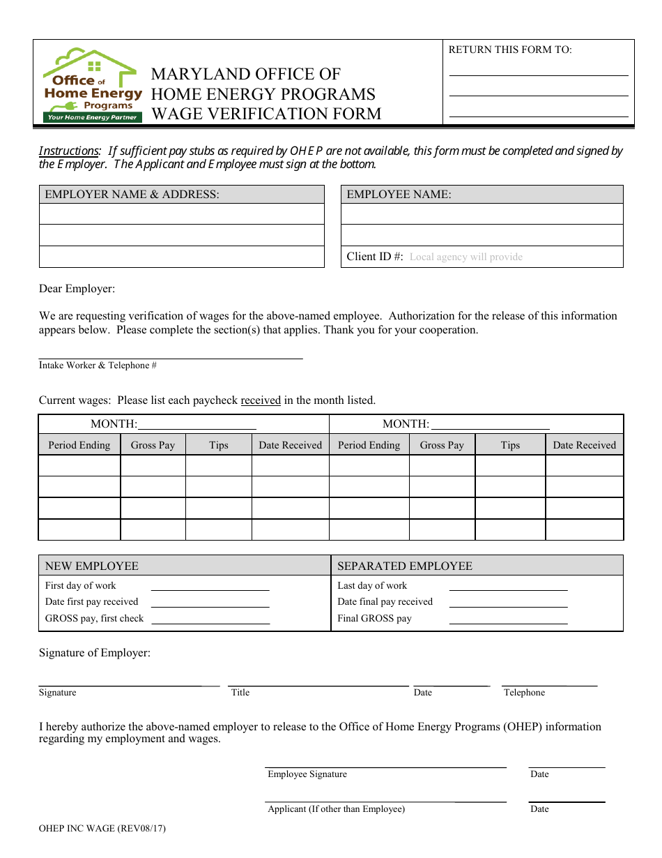 Wage Verification Form - Office of Home Energy Programs - Maryland, Page 1