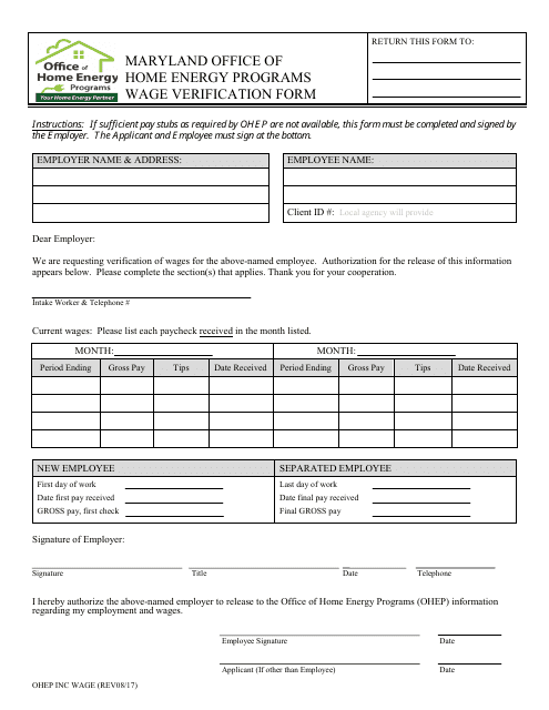 Wage Verification Form - Office of Home Energy Programs - Maryland