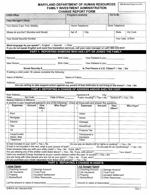 Form DHR/FIA491 Change Report Form - Maryland