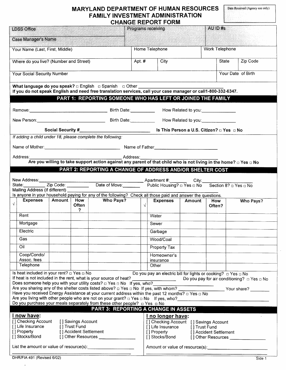 Form DHR / FIA491 Change Report Form - Maryland, Page 1