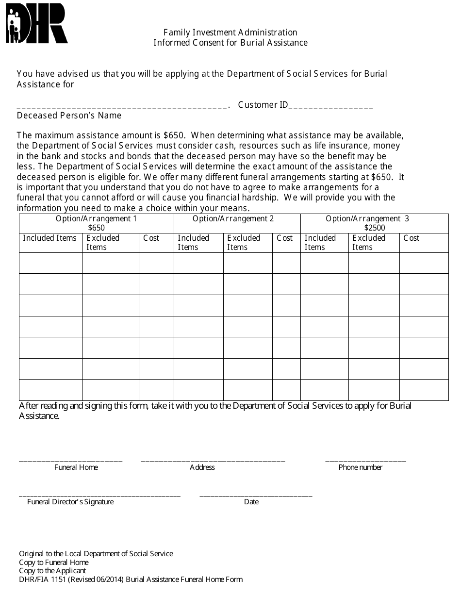 Form DHR / FIA1151 Informed Consent for Burial Assistance - Maryland, Page 1