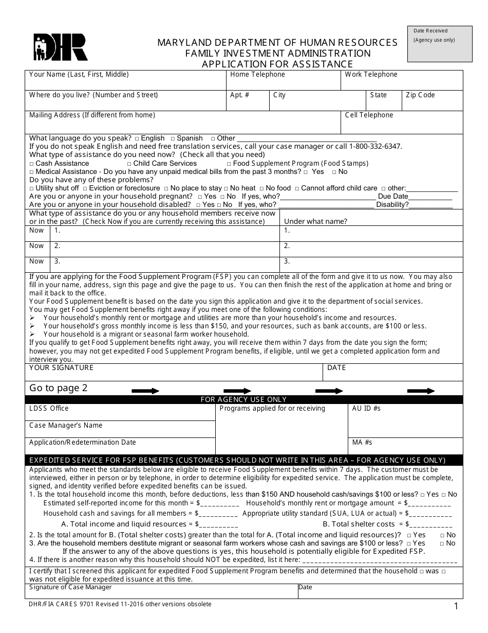 Form DHR / FIA9701 Application for Assistance - Maryland, Page 1