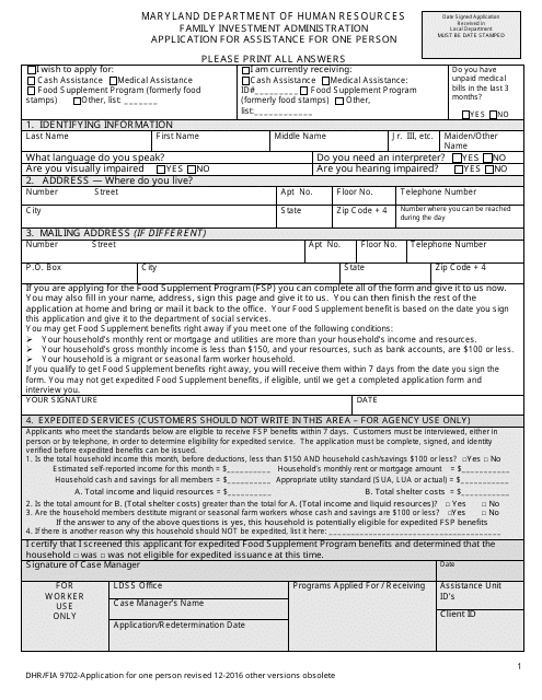 Form DHR/FIA9702 Application for Assistance for One Person - Maryland