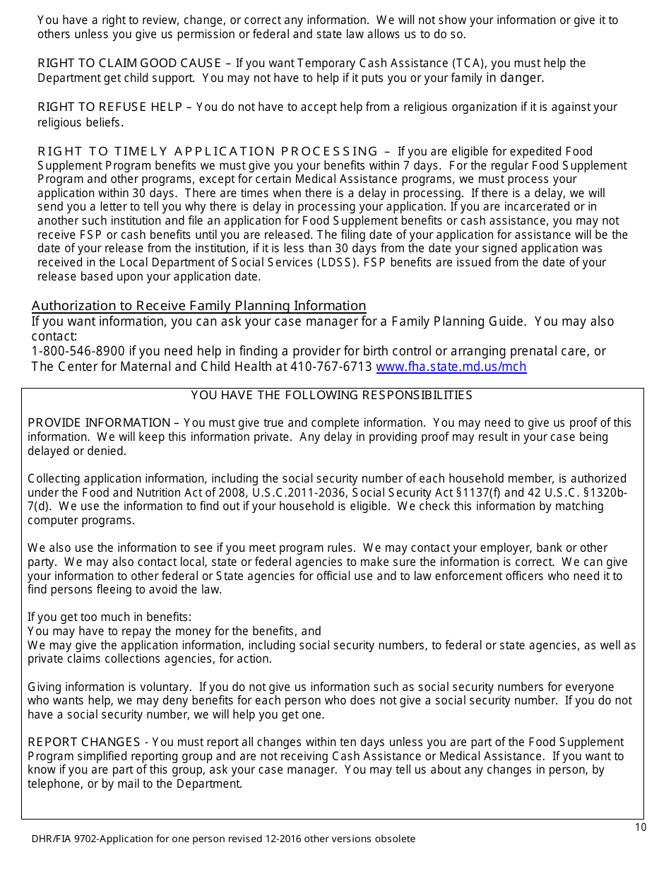 Form DHR / FIA9702 Application for Assistance for One Person - Maryland, Page 10