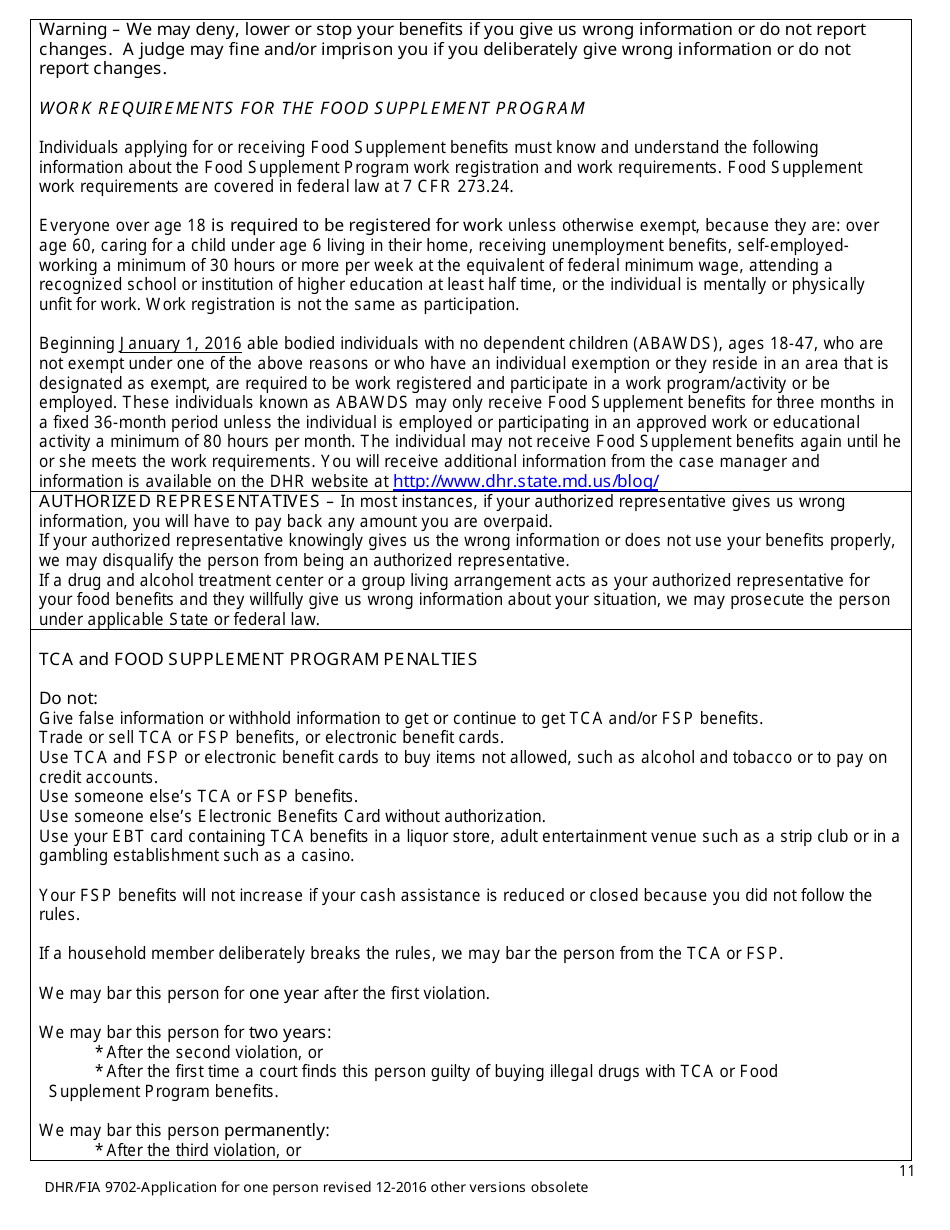 Form DHR / FIA9702 Application for Assistance for One Person - Maryland, Page 11