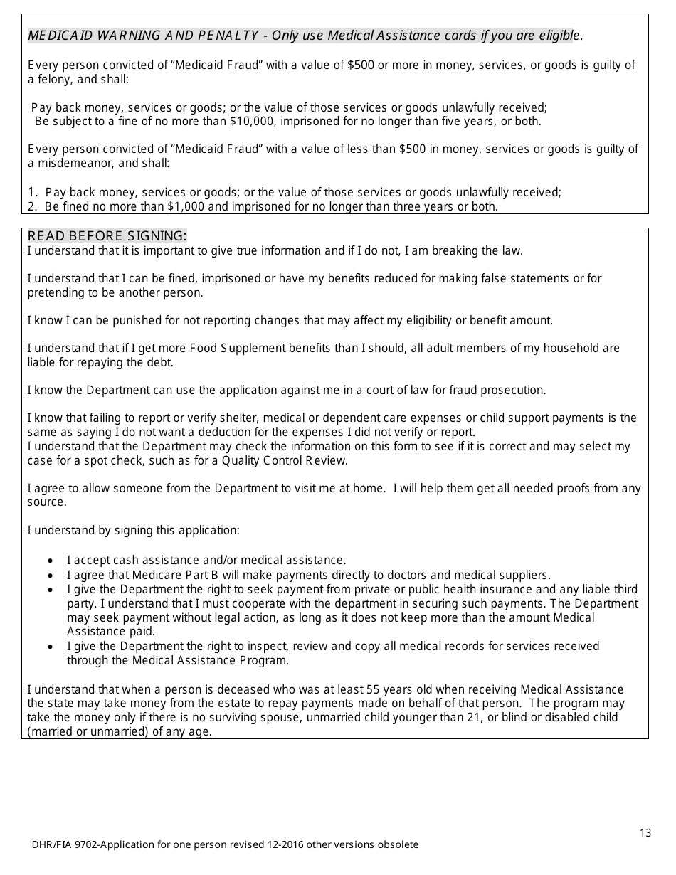 Form DHR / FIA9702 Application for Assistance for One Person - Maryland, Page 13