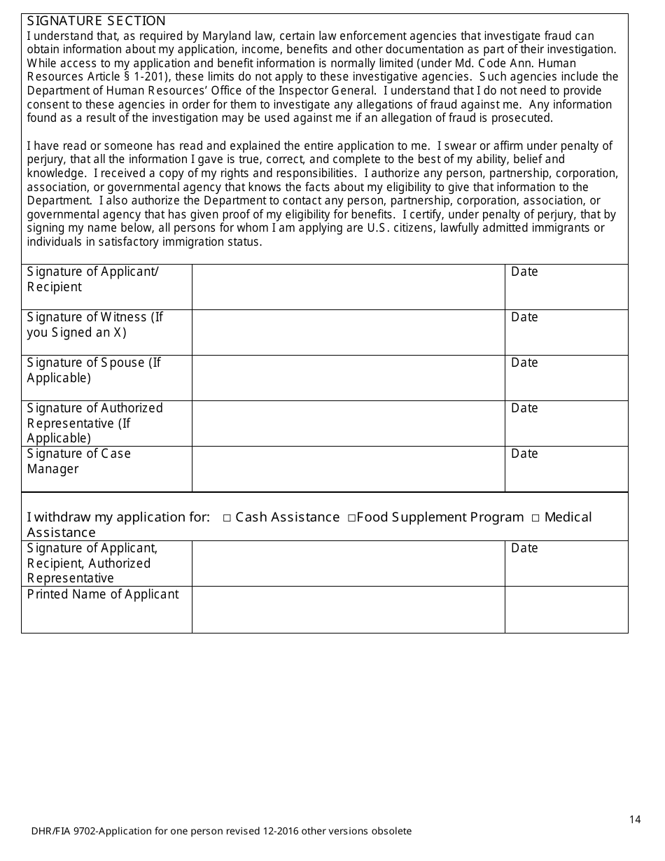 Form DHR / FIA9702 Application for Assistance for One Person - Maryland, Page 14