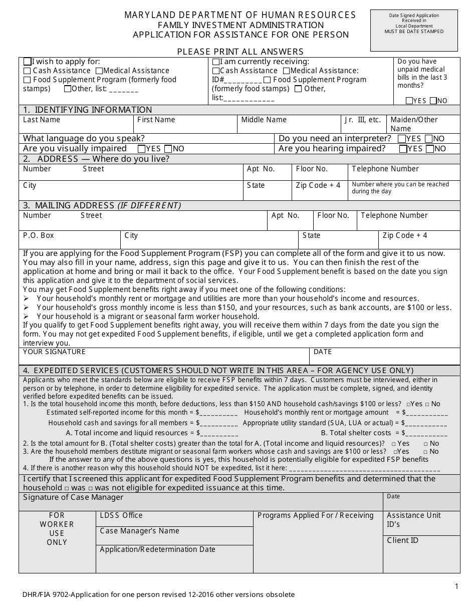 Form DHR / FIA9702 Application for Assistance for One Person - Maryland, Page 1