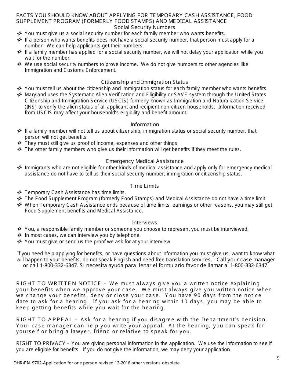 Form DHR / FIA9702 Application for Assistance for One Person - Maryland, Page 9