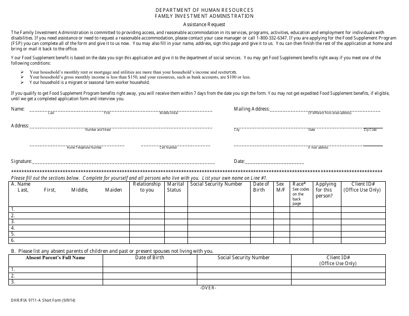 Form DHR/FIA9711-A Assistance Request - Maryland
