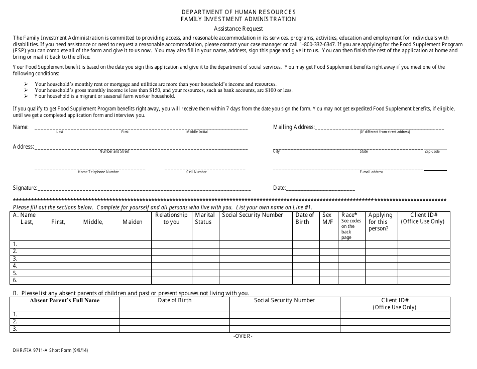Form DHR / FIA9711-A Assistance Request - Maryland, Page 1
