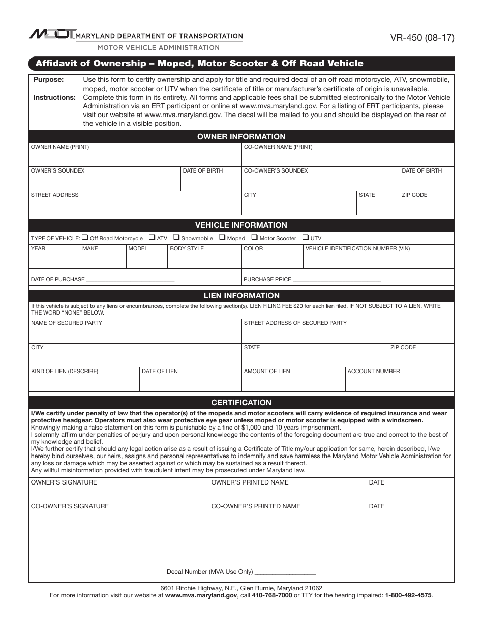 Form VR-450 Affidavit of Ownership - Moped, Motor Scooter  off Road Vehicle - Maryland, Page 1