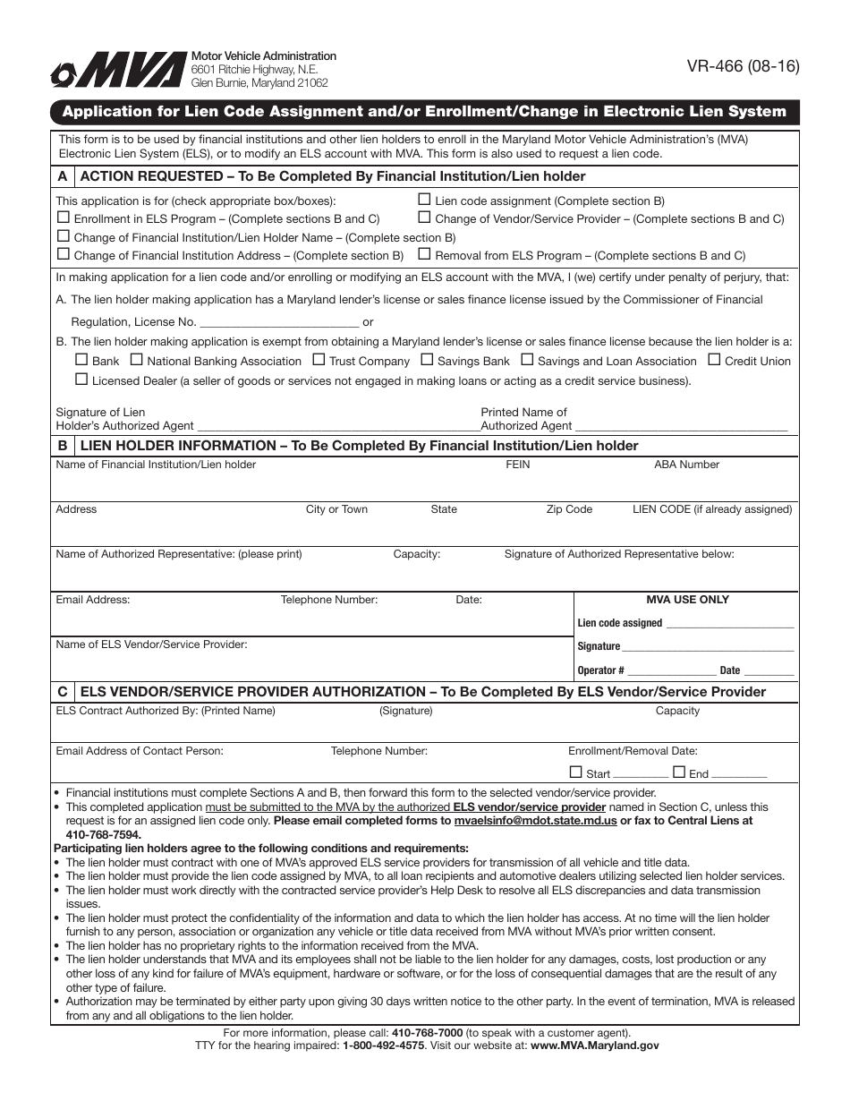 Form VR-466 Application for Lien Code Assignment and / or Enrollment / Change in Electronic Lien System - Maryland, Page 1