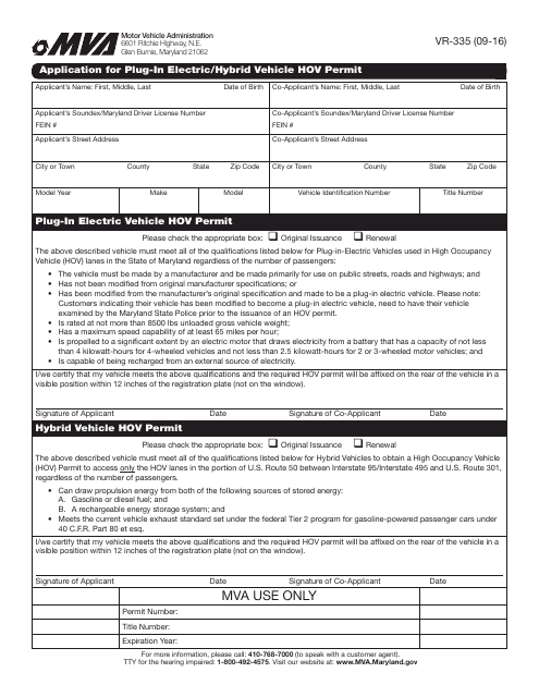 Form VR335 Fill Out, Sign Online and Download Fillable PDF, Maryland