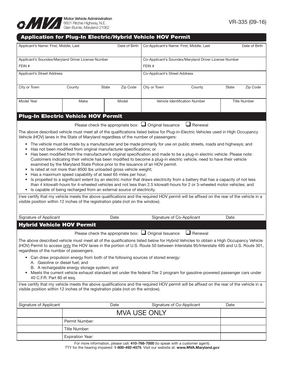 Form VR-335 Application for Plug-In Electric / Hybrid Vehicle Hov Permit - Maryland, Page 1