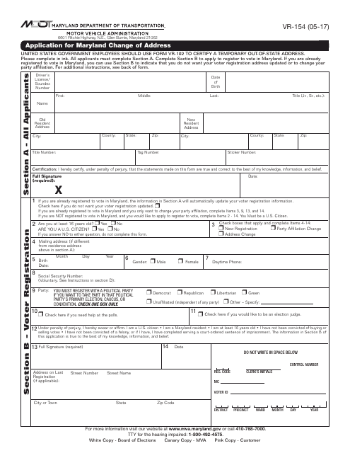 Form VR-154 Application for Maryland Change of Address - Maryland
