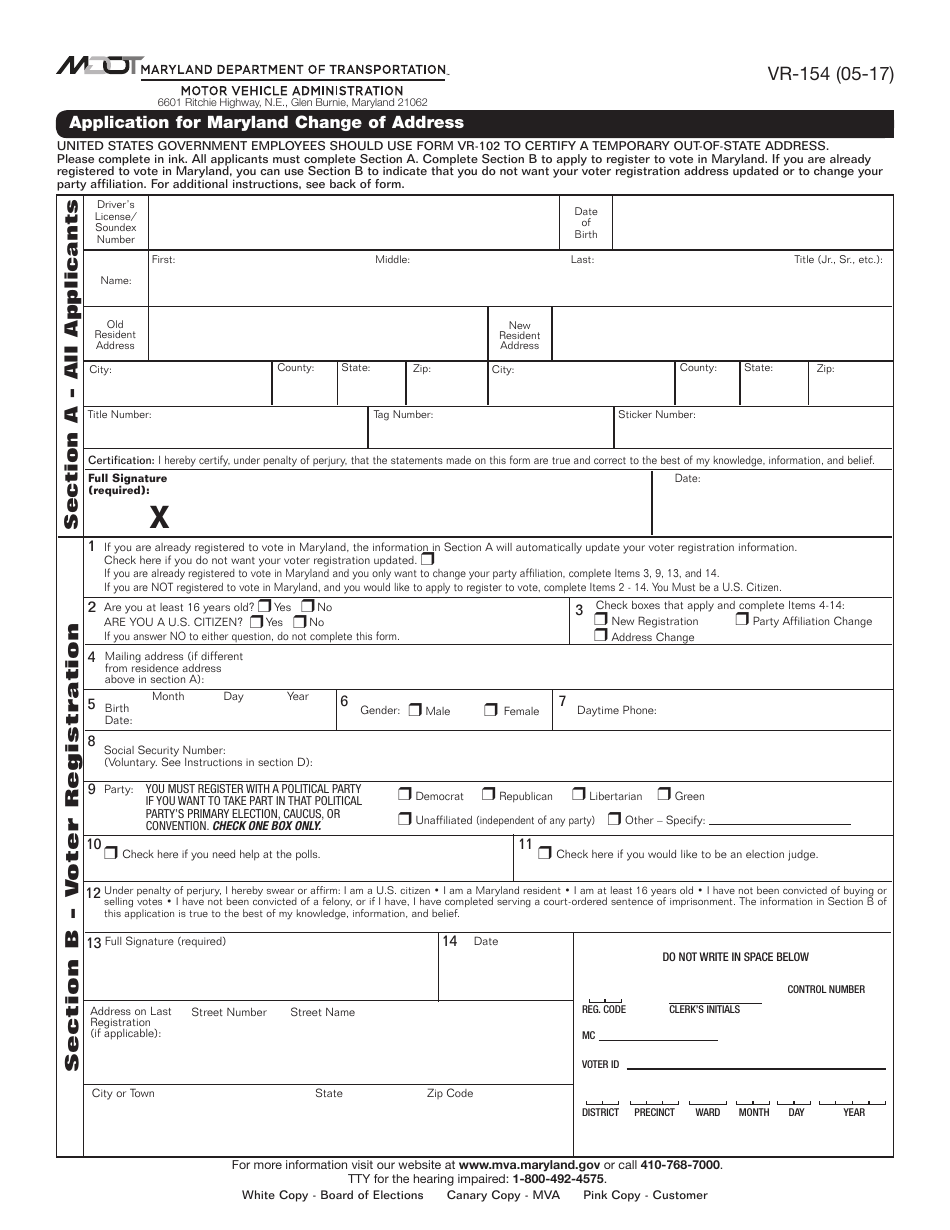 Form VR-154 Application for Maryland Change of Address - Maryland, Page 1