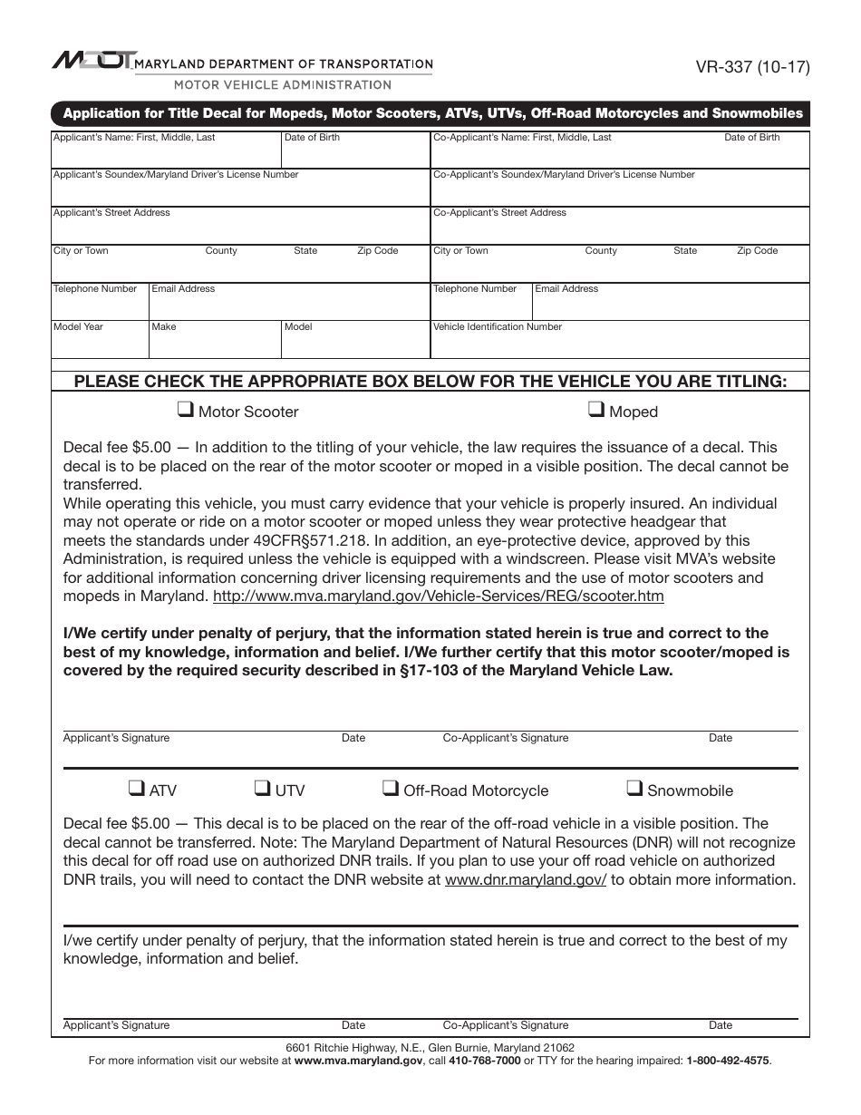 Form VR-337 Application for Title Decal for Mopeds, Motor Scooters, Atvs, Utvs, off-Road Motorcycles and Snowmobiles - Maryland, Page 1