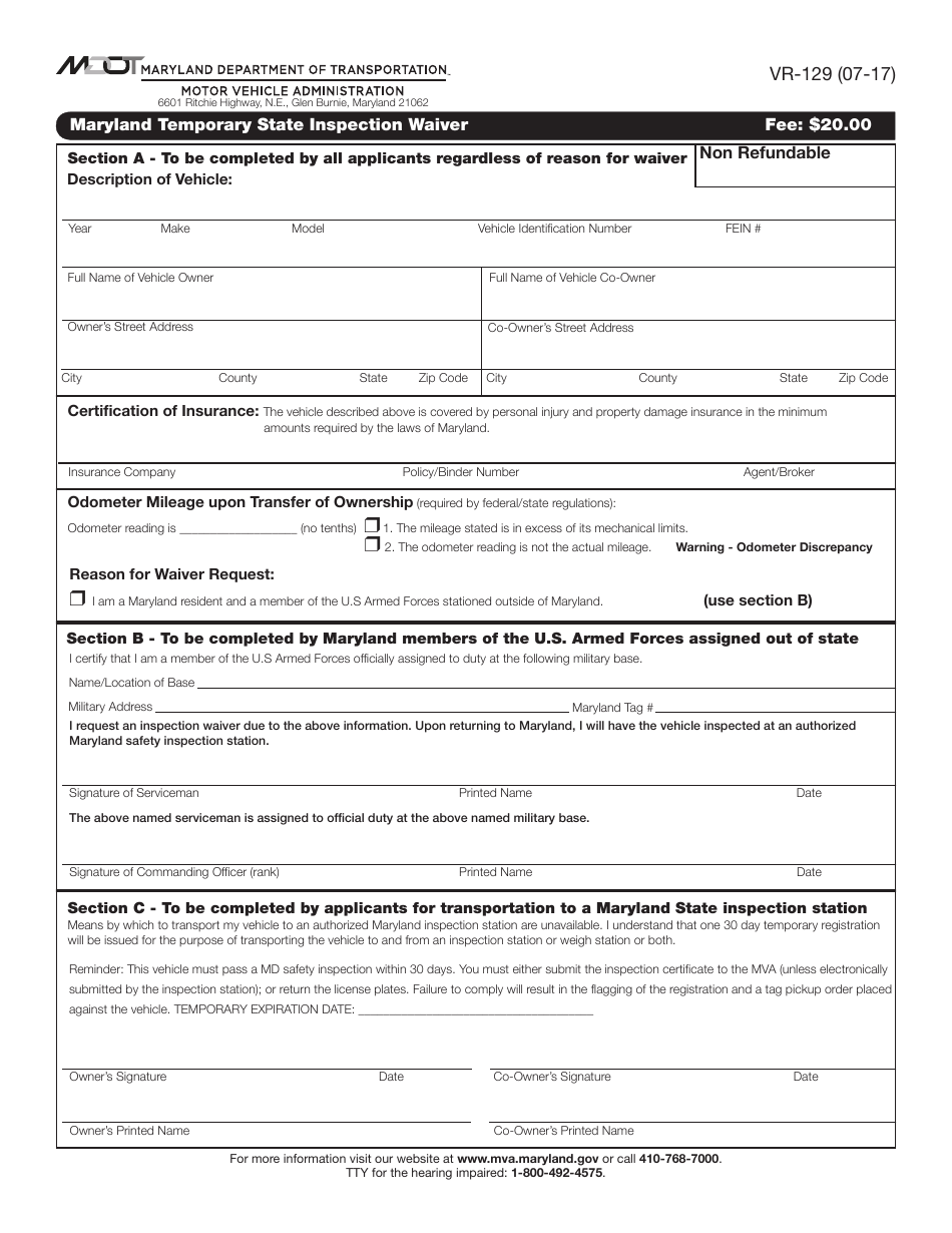 Form VR-129 Maryland Temporary State Inspection Waiver - Maryland, Page 1