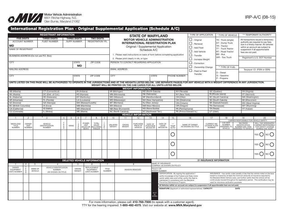 Schedule A / C Original / Supplemental Application - International Registration Plan - Maryland, Page 1