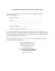 Consumer Information Pamphlet Order Form - Maryland