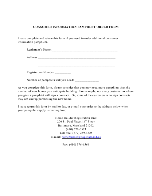 Consumer Information Pamphlet Order Form - Maryland Download Pdf