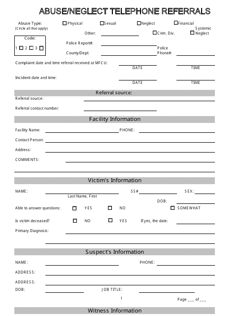 Abuse and Neglect Intake Form - Maryland Download Pdf
