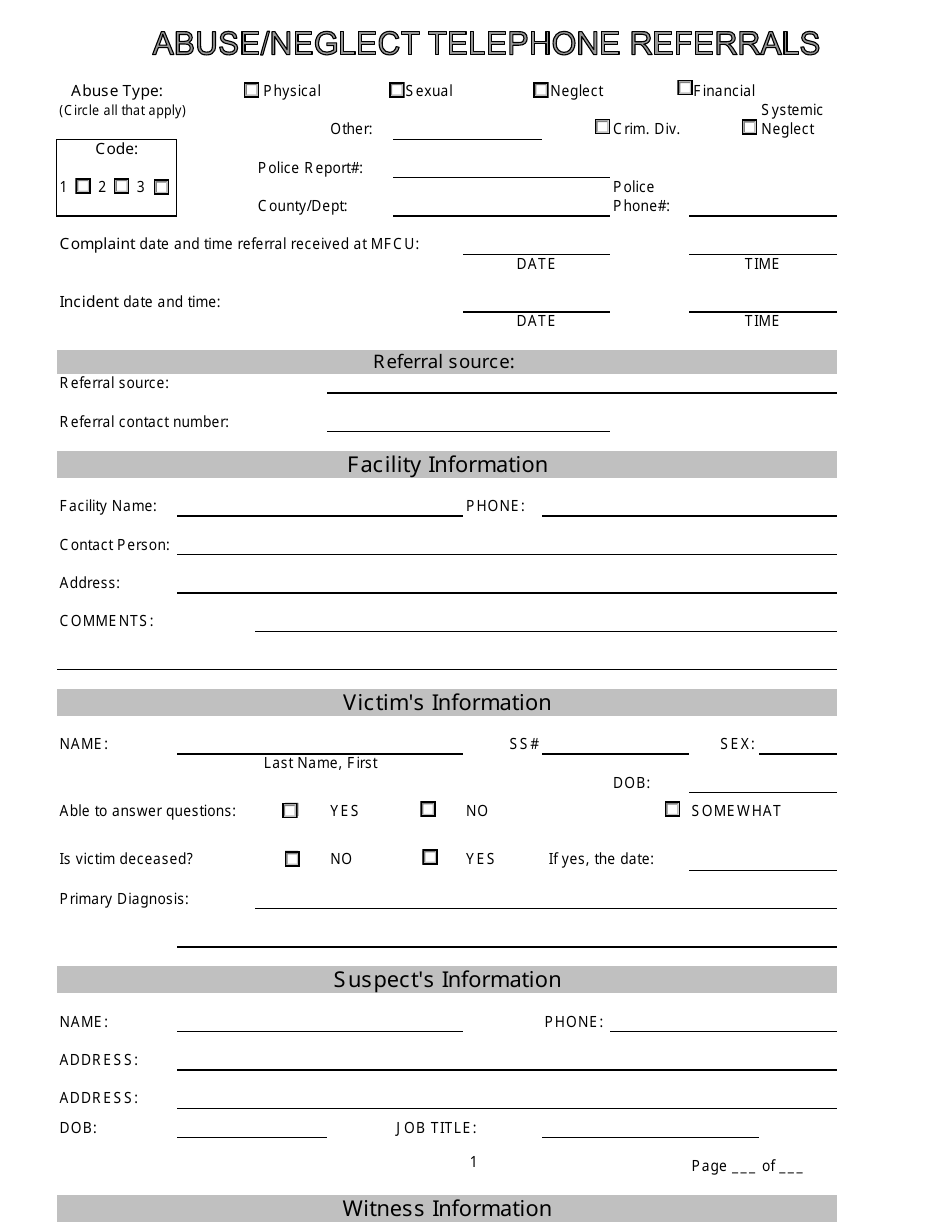 Abuse and Neglect Intake Form - Maryland, Page 1