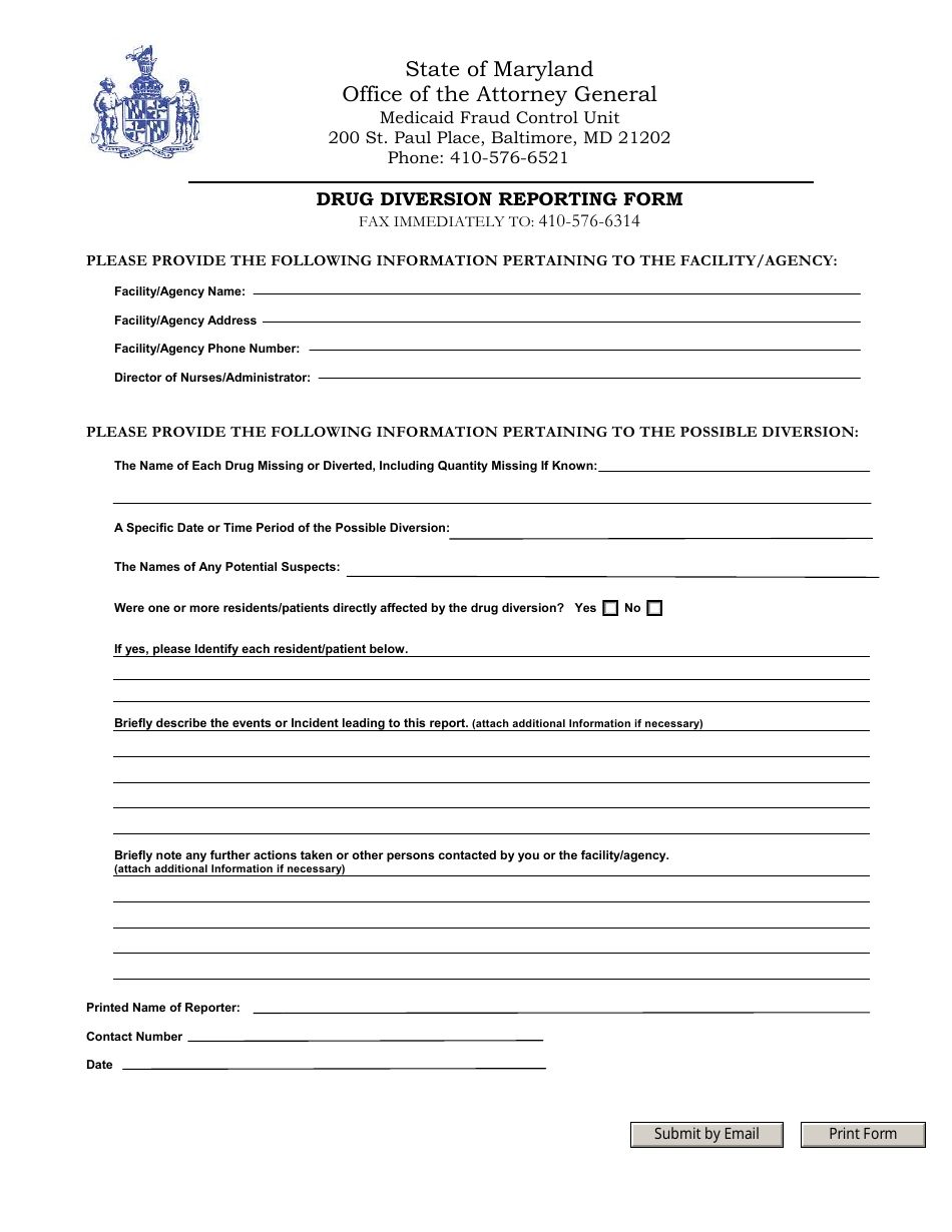 Drug Diversion Reporting Form - Maryland, Page 1