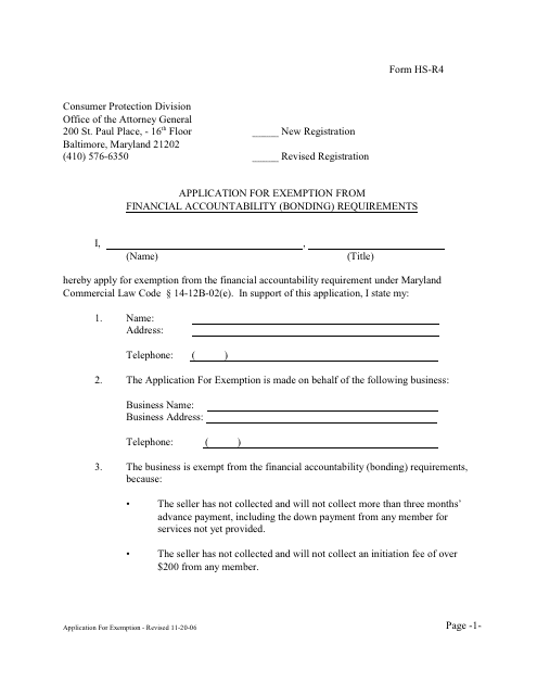 Form HS-R4 Application for Exemption From Financial Accountability (Bonding) Requirements - Maryland