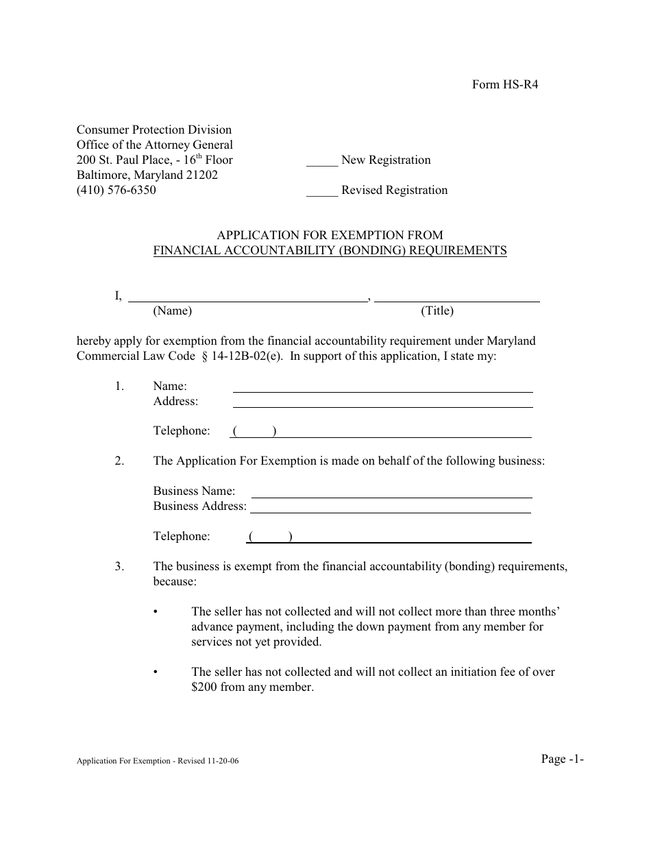 Form HS-R4 Application for Exemption From Financial Accountability (Bonding) Requirements - Maryland, Page 1
