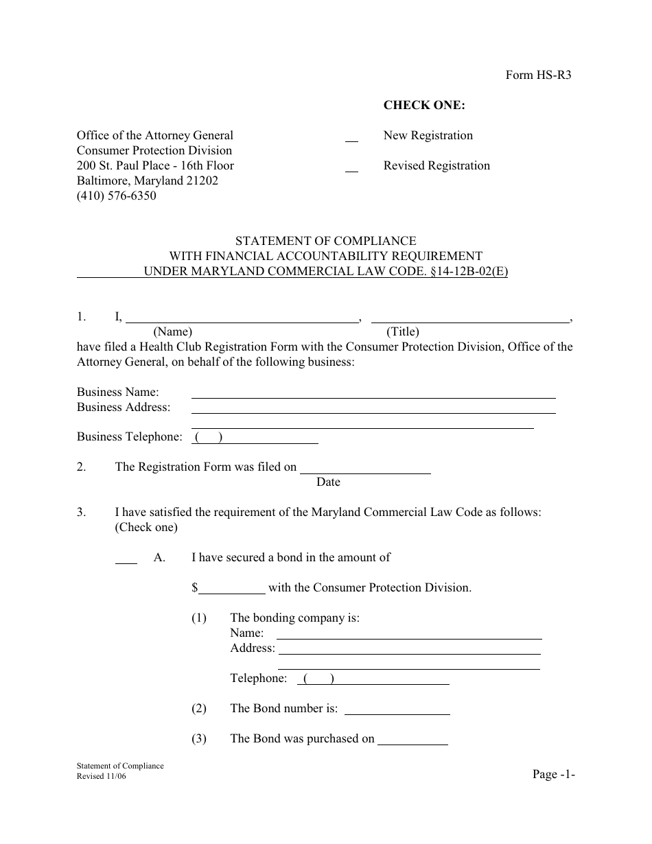 Form HS-R3 Statement of Compliance With Financial Accountability Requirement Under Maryland Commercial Law Code. 14-12b-02(E) - Maryland, Page 1