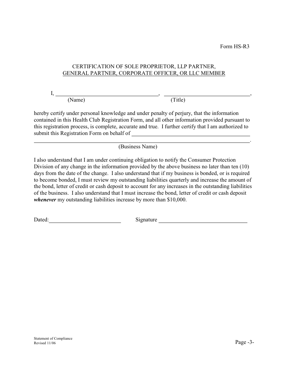 Form HS-R3 Statement of Compliance With Financial Accountability Requirement Under Maryland Commercial Law Code. 14-12b-02(E) - Maryland, Page 3