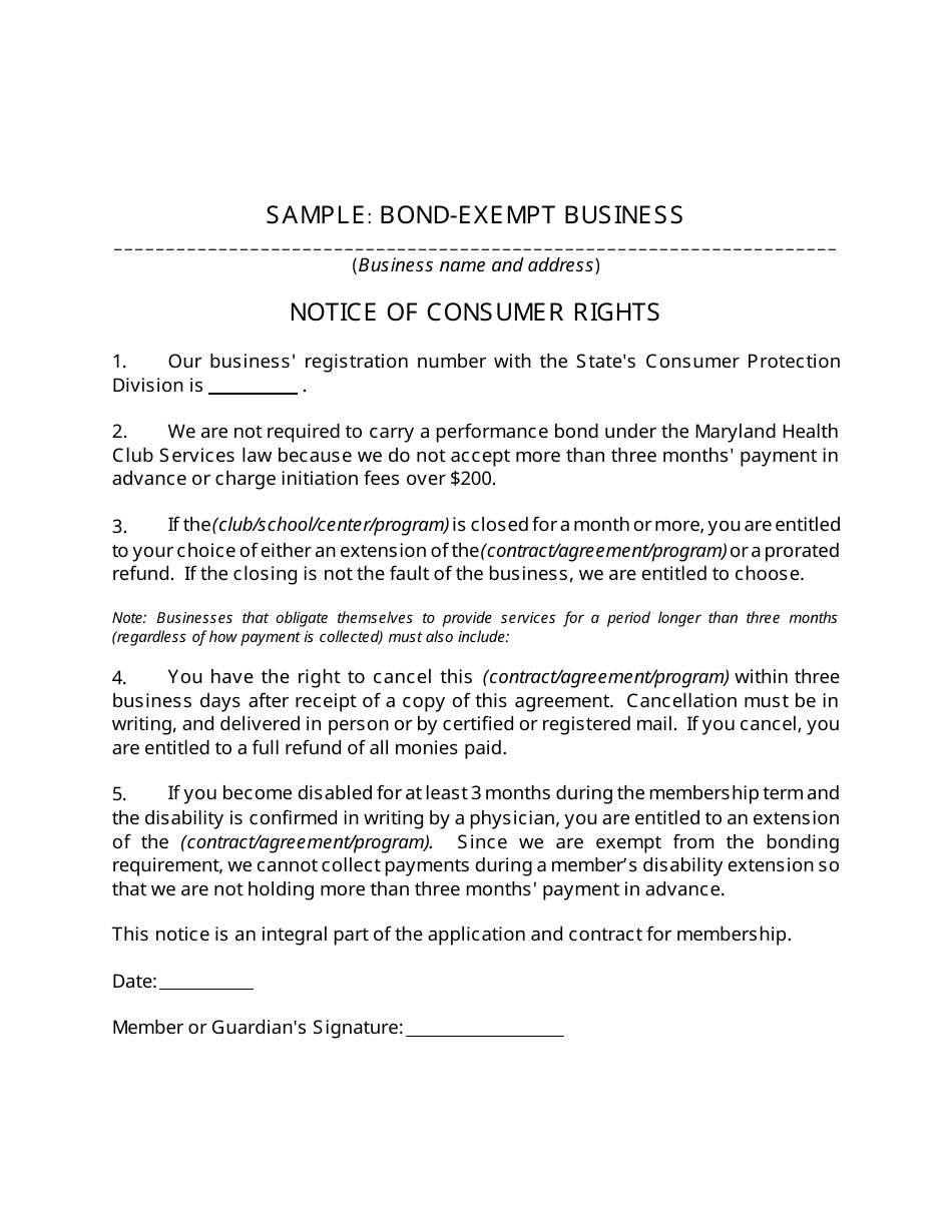 Sample Notice of Consumer Rights - Bond-Exempt Business - Maryland, Page 1
